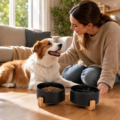 Petygooing Ceramic Dog Cat Bowls Set with Stand,Black Pet Food and Water Bowl,Small Dog Bowls Cute Modern Anti Slip Set of 2 Pet Feeder Small Size Pet Dish(13.5OZ/5.1 in)