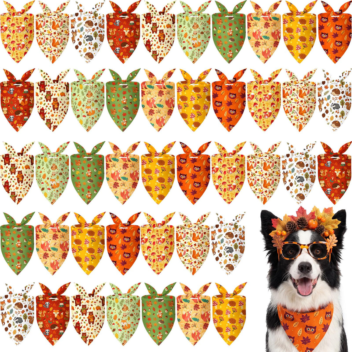 Weewooday 50 Pcs Fall Dog Bandanas Bulk for Autumn Pet Soft Bibs Adjustable Squirrel Fox Hedgehog Kerchief Bandana for Small Medium Large Grooming Accessories (Fall Animals, 25.6 x 17.7 x 17.7 Inch)