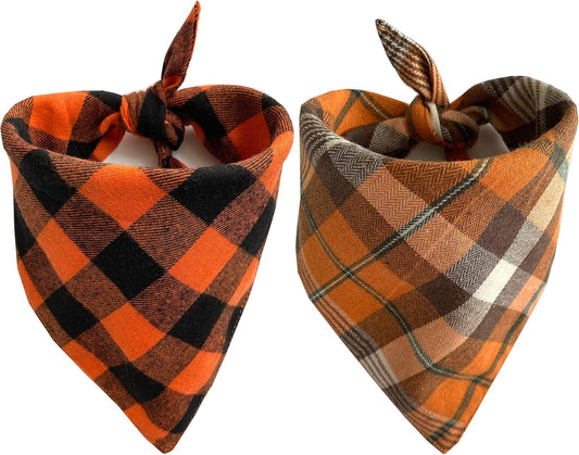 Realeaf Fall Dog Bandanas 2 Pack, Orange Plaid Pet Scarf for Boy and Girl, Premium Durable Fabric, Holiday Halloween Thanksgiving Bandana for Large and Extra Large Dogs (X-Large)
