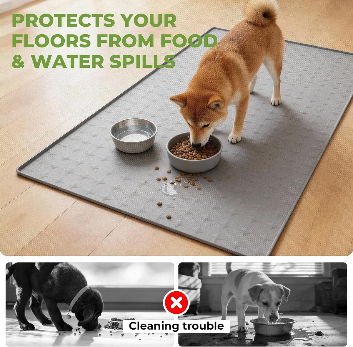 Extra Large 34x22 Inch Machine Washable Silicone Pet Food Mat - Waterproof Dog & Cat Bowl Mat with Raised Edge, Non-Slip Floor Protector for Large Dogs, Multi-Pet Homes (Grey)