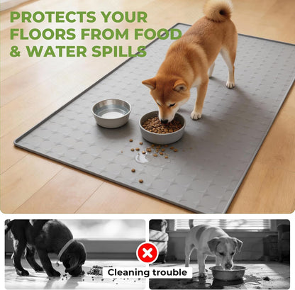 Extra Large 34x22 Inch Machine Washable Silicone Pet Food Mat - Waterproof Dog & Cat Bowl Mat with Raised Edge, Non-Slip Floor Protector for Large Dogs, Multi-Pet Homes (Grey)