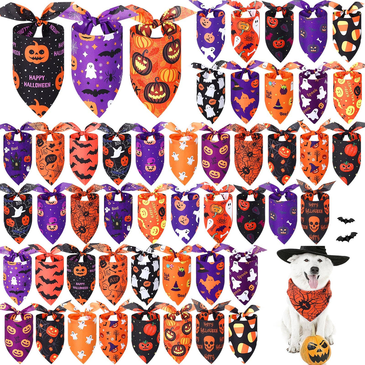 Abbylike 50 Pcs Halloween Dog Bandanas Bulk, Pumpkin Ghost Bat Skull