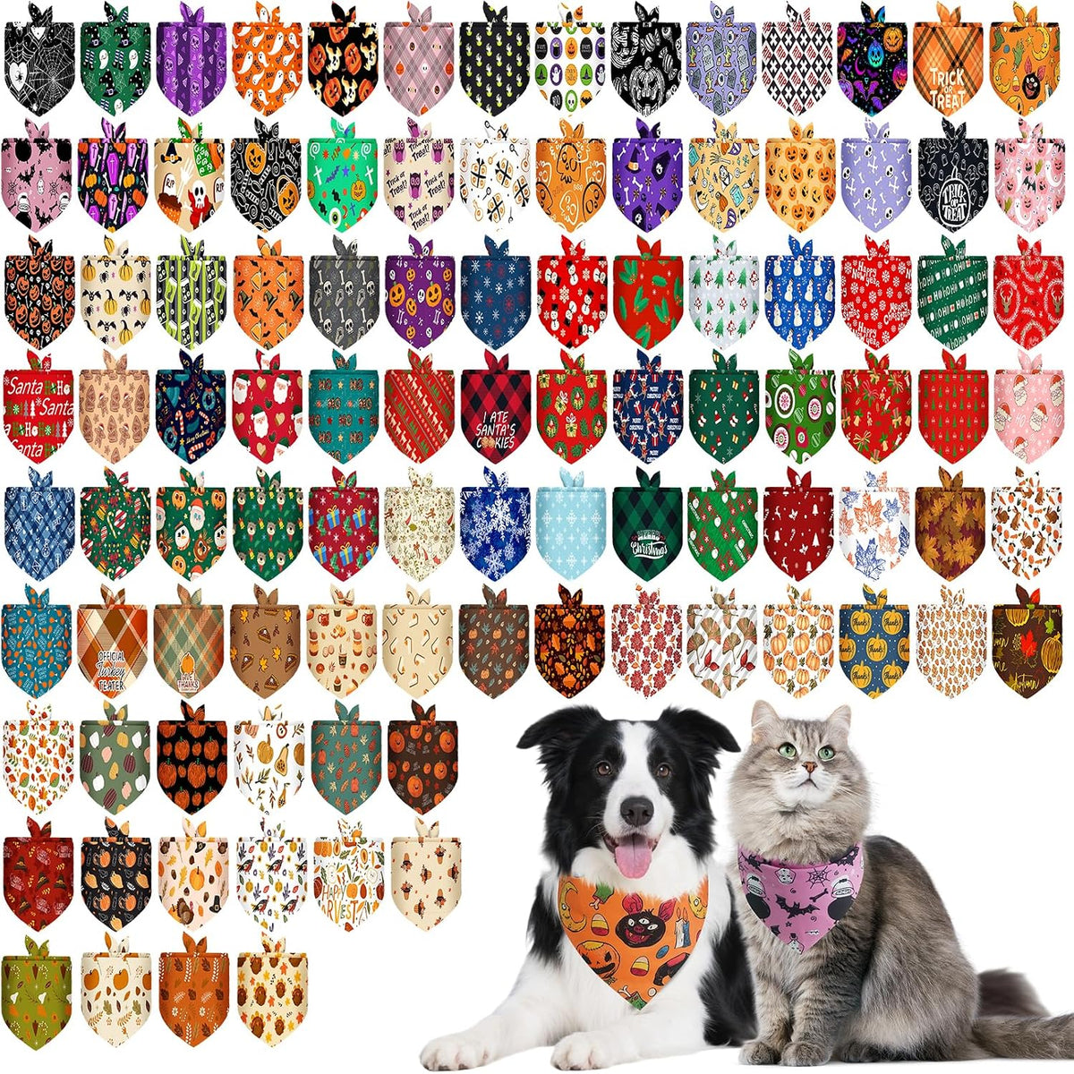 PAWCHIE Halloween Dog Bandanas 100 Packs, Holiday Bulk Pet Bibs Colorful Pet Triangle Scarf Pet Bandanas Plaid Festival Style for Small to Large Dogs Puppies Cats, Halloween & Thanksgiving & Christmas
