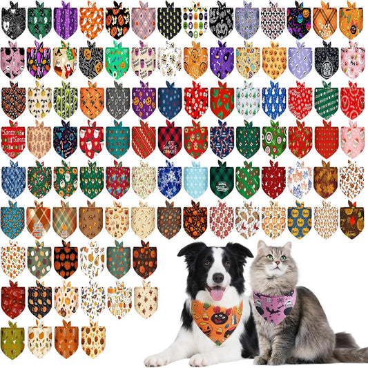 PAWCHIE Halloween Dog Bandanas 100 Packs, Holiday Bulk Pet Bibs Colorful Pet Triangle Scarf Pet Bandanas Plaid Festival Style for Small to Large Dogs Puppies Cats, Halloween & Thanksgiving & Christmas