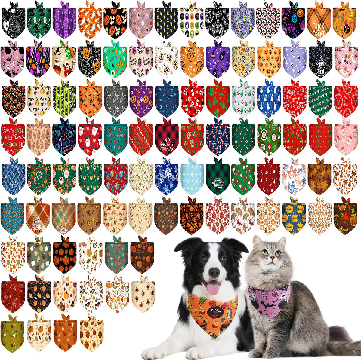 PAWCHIE Halloween Dog Bandanas 100 Packs, Holiday Bulk Pet Bibs Colorful Pet Triangle Scarf Pet Bandanas Plaid Festival Style for Small to Large Dogs Puppies Cats, Halloween & Thanksgiving & Christmas