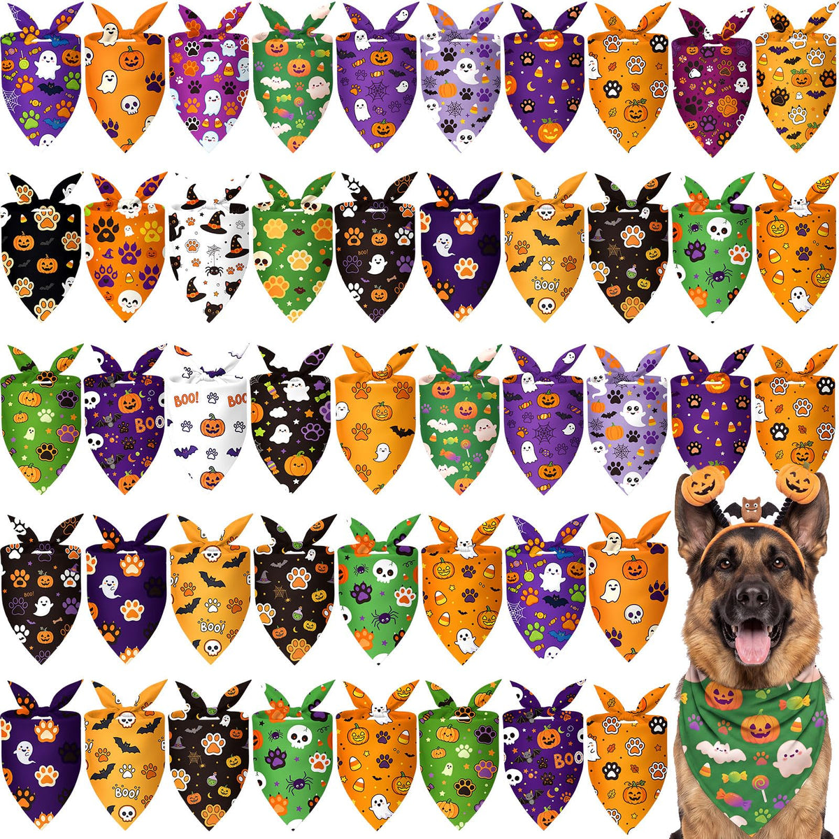 Abbylike 50 Pcs Halloween Dog Bandanas Bulk, Pumpkin Ghost Bat Skull