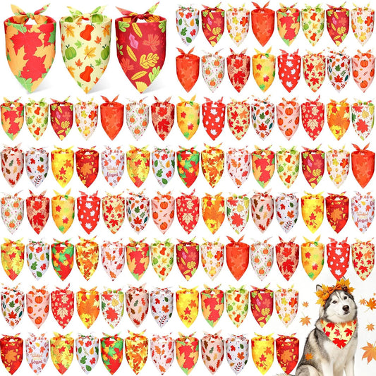 Preboun 100 Pcs Fall Dog Bandanas Bulk, Autumn Pumpkin Maple Leaves Pattern