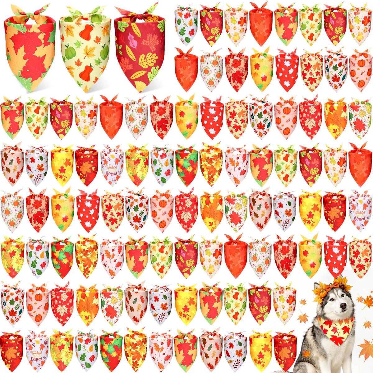 Preboun 100 Pcs Fall Dog Bandanas Bulk, Autumn Pumpkin Maple Leaves Pattern