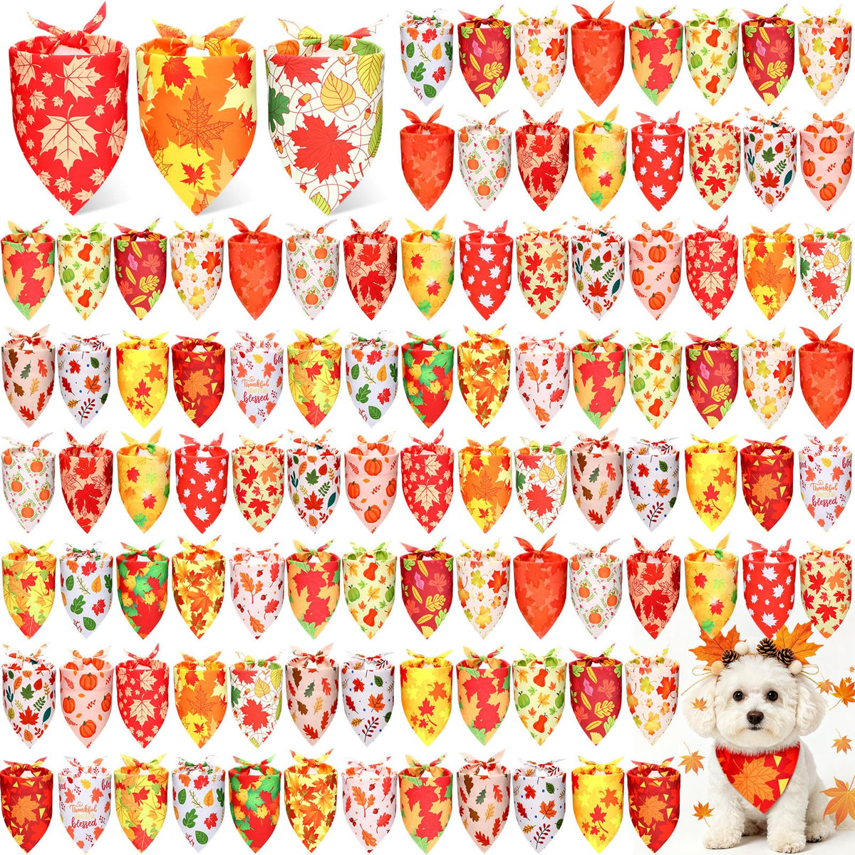 Preboun 100 Pcs Fall Dog Bandanas Bulk, Autumn Pumpkin Maple Leaves Pattern