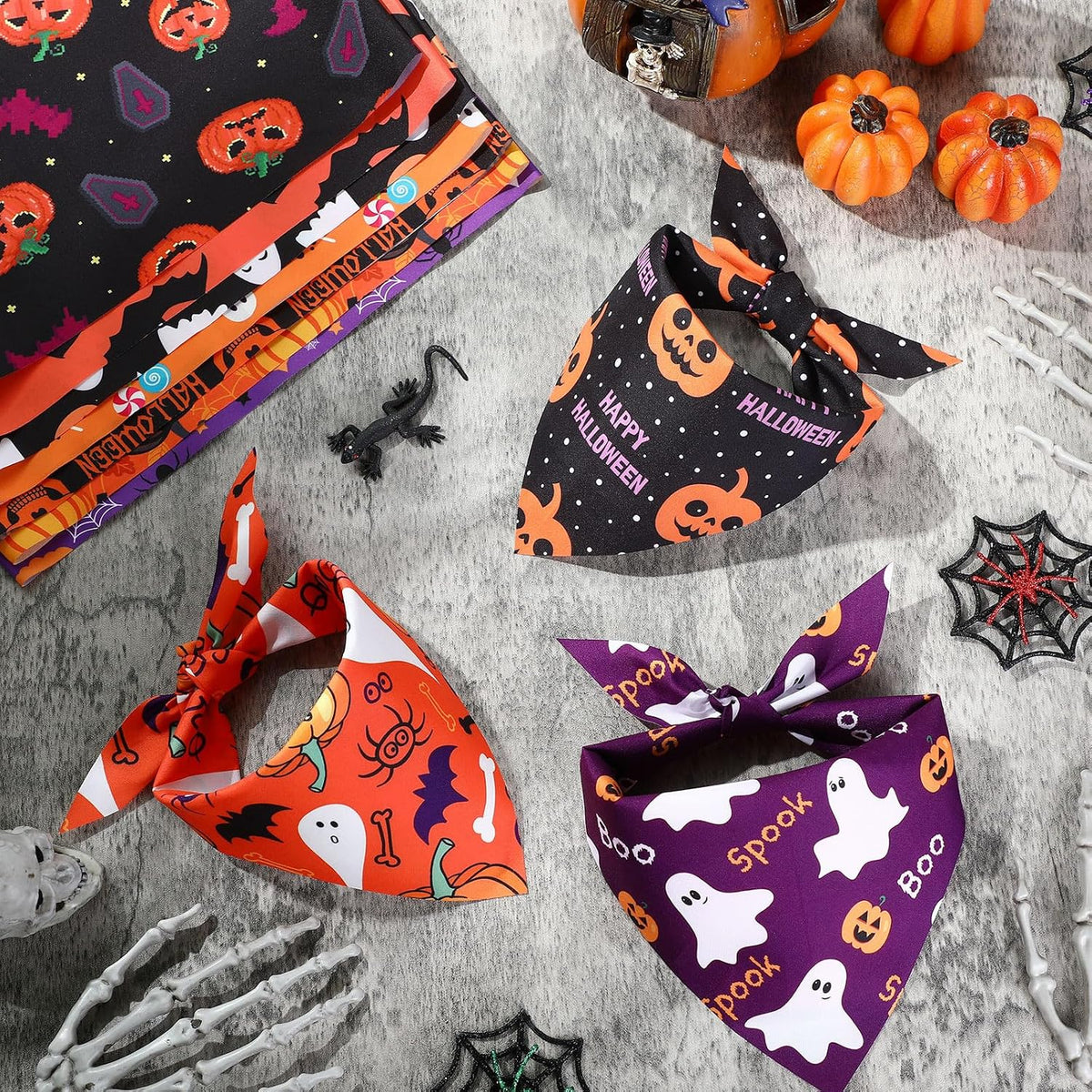 Abbylike 50 Pcs Halloween Dog Bandanas Bulk, Pumpkin Ghost Bat Skull
