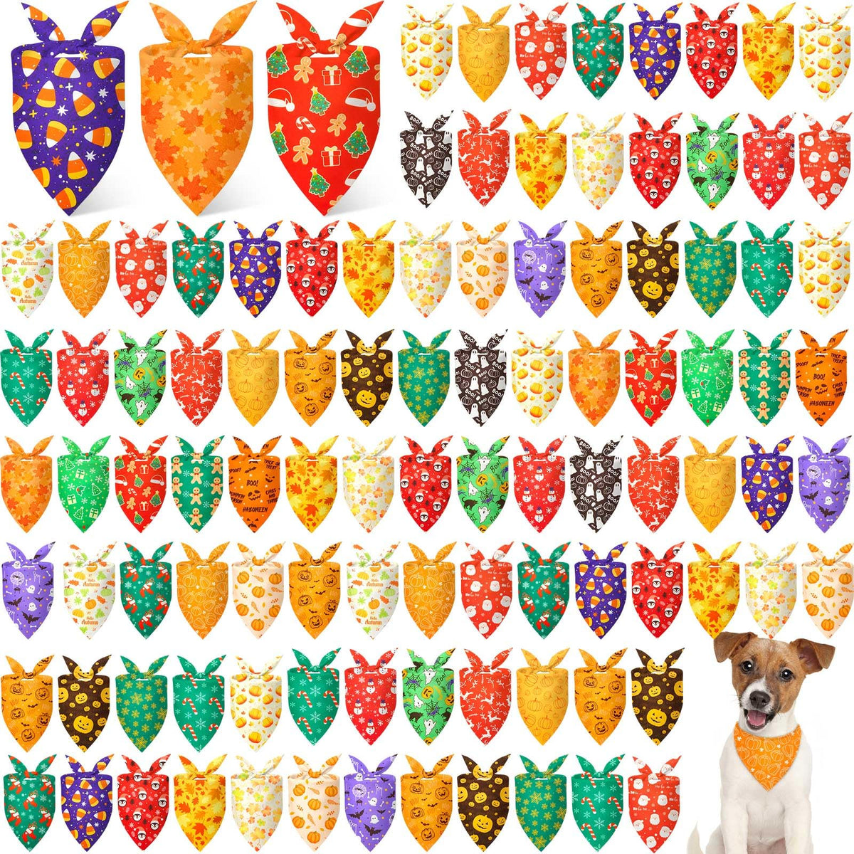 Preboun 100 Pcs Fall Dog Bandanas Bulk, Autumn Pumpkin Maple Leaves Pattern