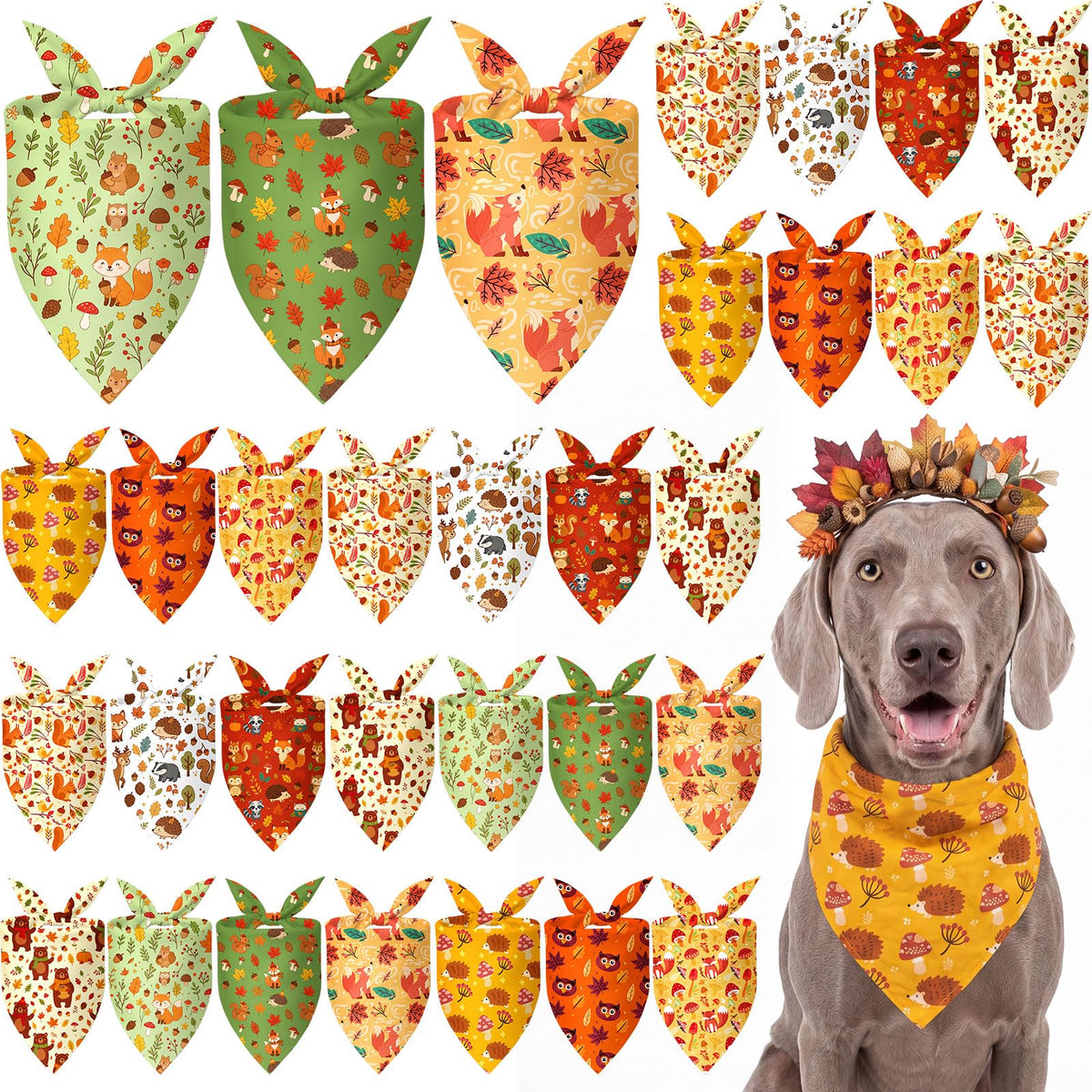 Weewooday 50 Pcs Fall Dog Bandanas Bulk for Autumn Pet Soft Bibs Adjustable Squirrel Fox Hedgehog Kerchief Bandana for Small Medium Large Grooming Accessories (Fall Animals, 25.6 x 17.7 x 17.7 Inch)