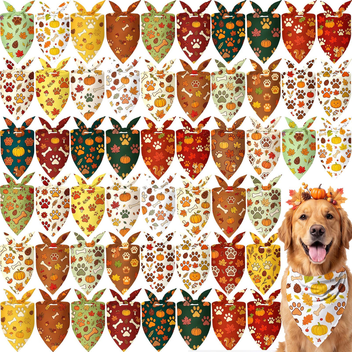 Preboun 50 Pcs Fall Dog Bandanas Bulk, Autumn Pumpkin Maple Leaves Pattern